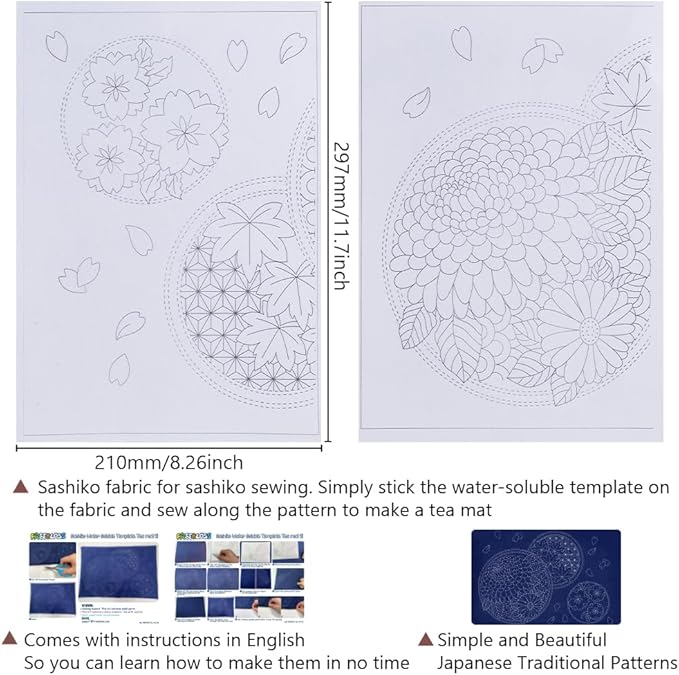 FREEBLOSS Sashiko Tea Mat Kit DIY Sashiko Kit with Template Sashiko Stencils Kit Sashiko Water Soluble Template Tea Mat Sashiko Kit for Beginner DIY Sashiko Kit for Adults
