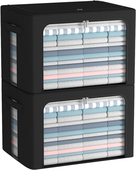 Clothes Storage Bins Box - Linen Fabric Foldable Stackable Container Organizer Set with Clear Window & Carry Handles & Metal Frame (Black, Large-66L)