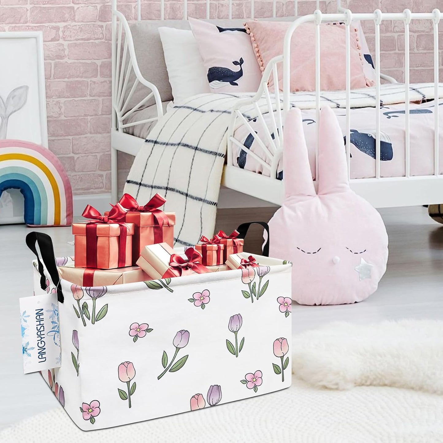 LANGYASHAN Rectangular Storage Bin Collapse Canvas Fabric Cartoon Storage Basket with Handles for Organizing Home Kitchen Boys and Girls Toys Office Closet Shelf Baskets (Rec Romantic Tulip)