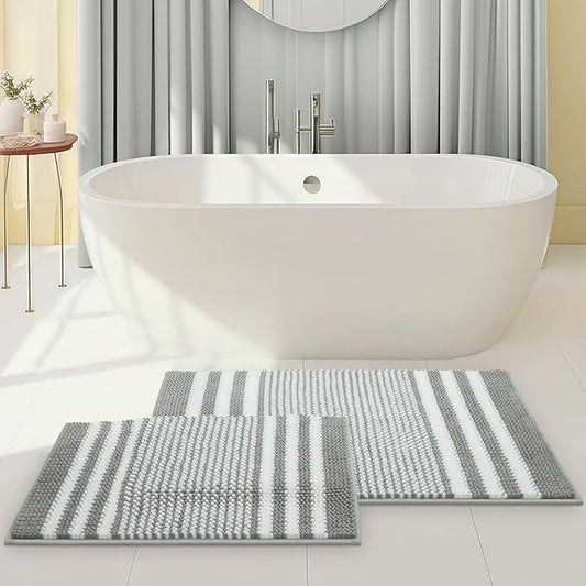 Tindbea Bathroom Rugs Set 2 Piece, Extra Soft and Absorbent Fluffy Striped Chenille Bath Mat Rug Set, Non Slip Bathroom Floor Mat, Machine Washable (20" x 32" Plus 16" x 24", Gray)