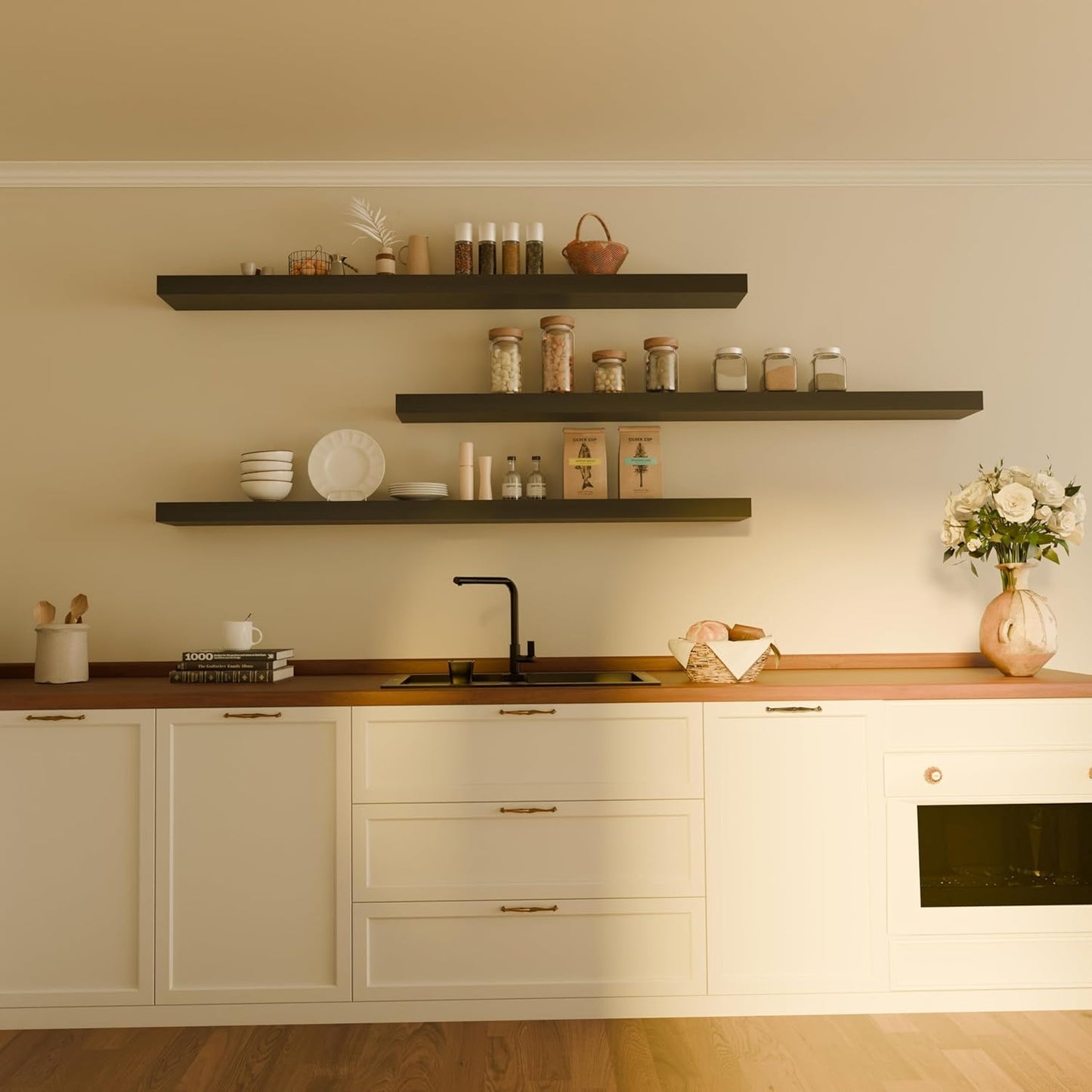 Floating Shelves for Wall, 72 Inch Extra Long Brown Wall Shelves, Set of 3, Hanging Invisible Brackets Floating Shelves for Living Room,Bedroom,and Kitchen (Black, 3T72IN)