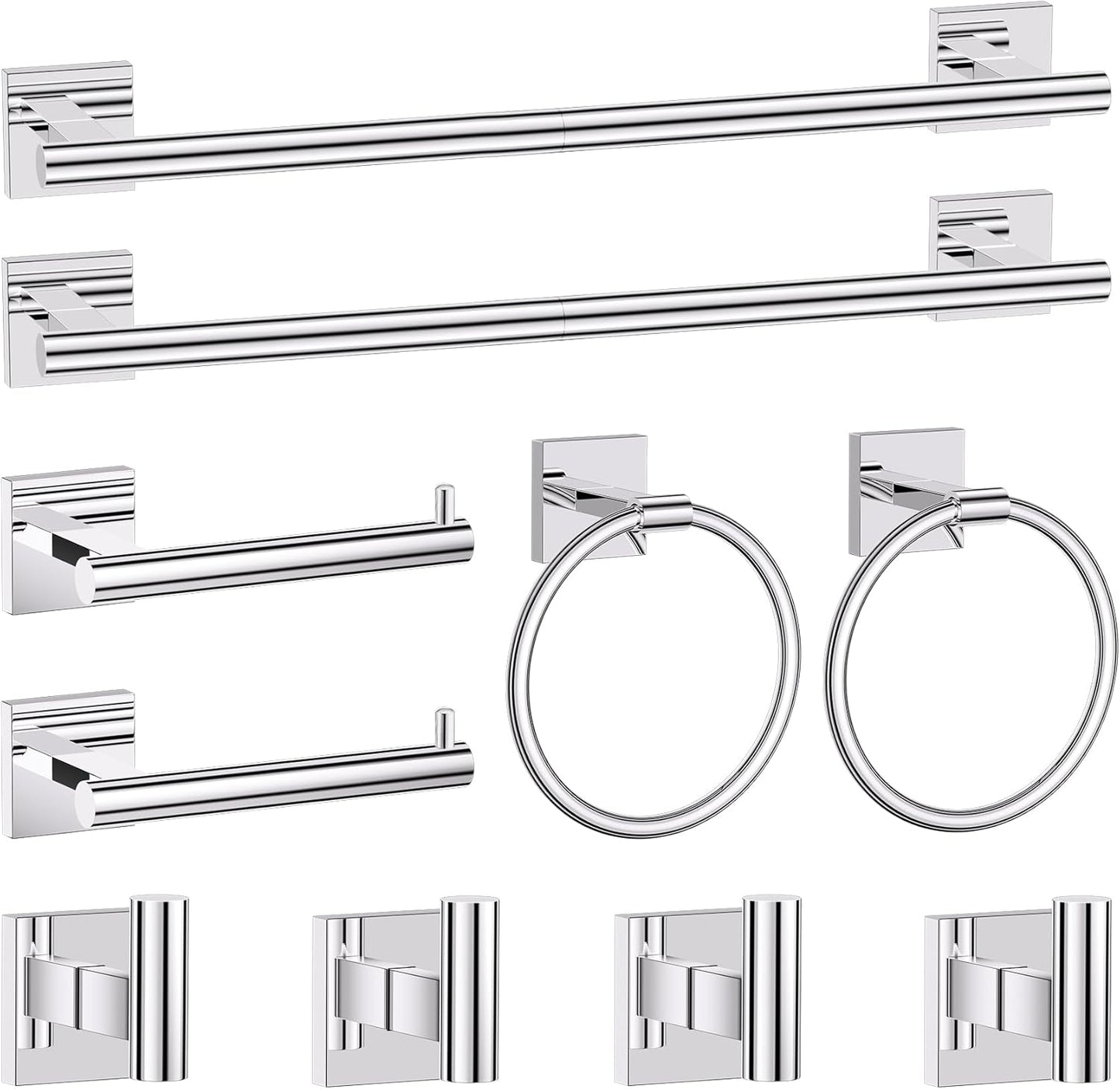 Polished Chrome Bathroom Hardware Accessories Towel Bar Set, 10 Pieces Bathroom Towel Bar Holder Set, 23.6 Inch Stainless Steel Toilet Paper Holder Towel Racks for Bathroom Wall Mounted