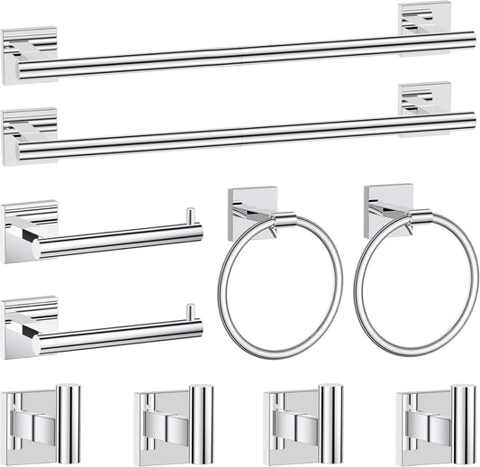Polished Chrome Bathroom Hardware Accessories Towel Bar Set, 10 Pieces Bathroom Towel Bar Holder Set, 23.6 Inch Stainless Steel Toilet Paper Holder Towel Racks for Bathroom Wall Mounted