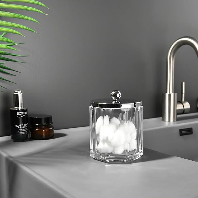 Clear Transparent Apothecary Octagional Shaped Glass Canister Jar With Silver/Chrome Metal Lid Cover for Bathroom Organization, Cotton Balls, Q Tips, and Small Accessories, Bath Storage