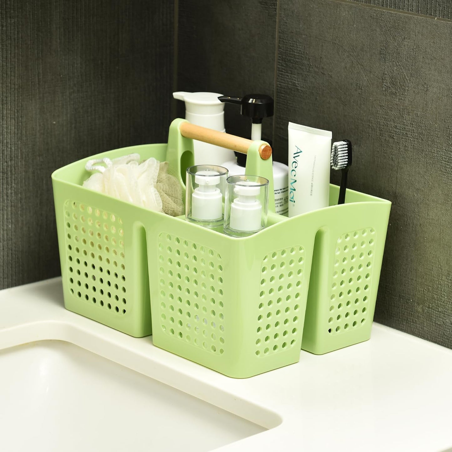 Portable Shower Caddy Basket with Compartments, Plastic Divided Cleaning Caddy Organizer Storage Tote with Handle for Bathroom, College, Dorm Room Essentials, Grass Green