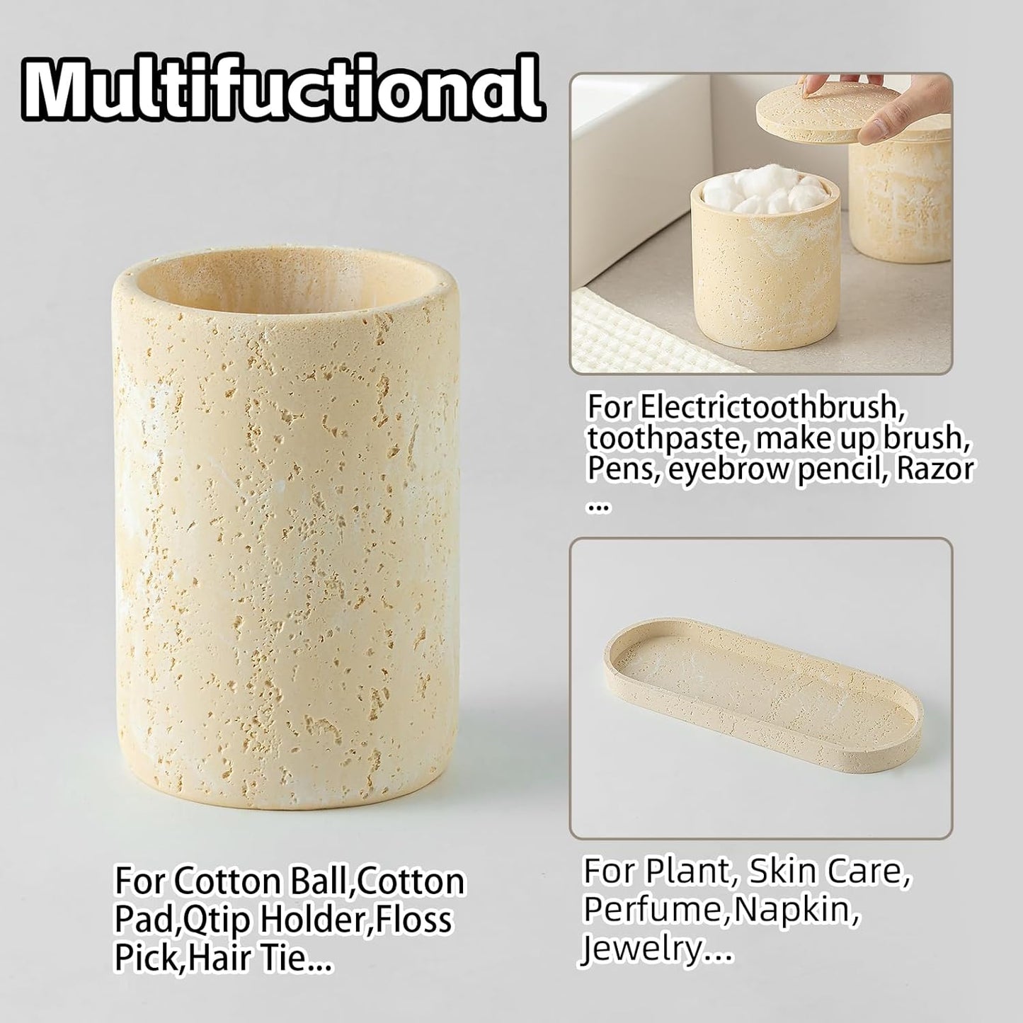 Bathroom Accessories Set, Travertine Stone-Look, 6 PCS Bathroom Accessory Set with Soap Dispenser, Toothbrush Holder, Tumbler, Vanity Tray, Cotton Swab Jars for Countertop (Yellow)