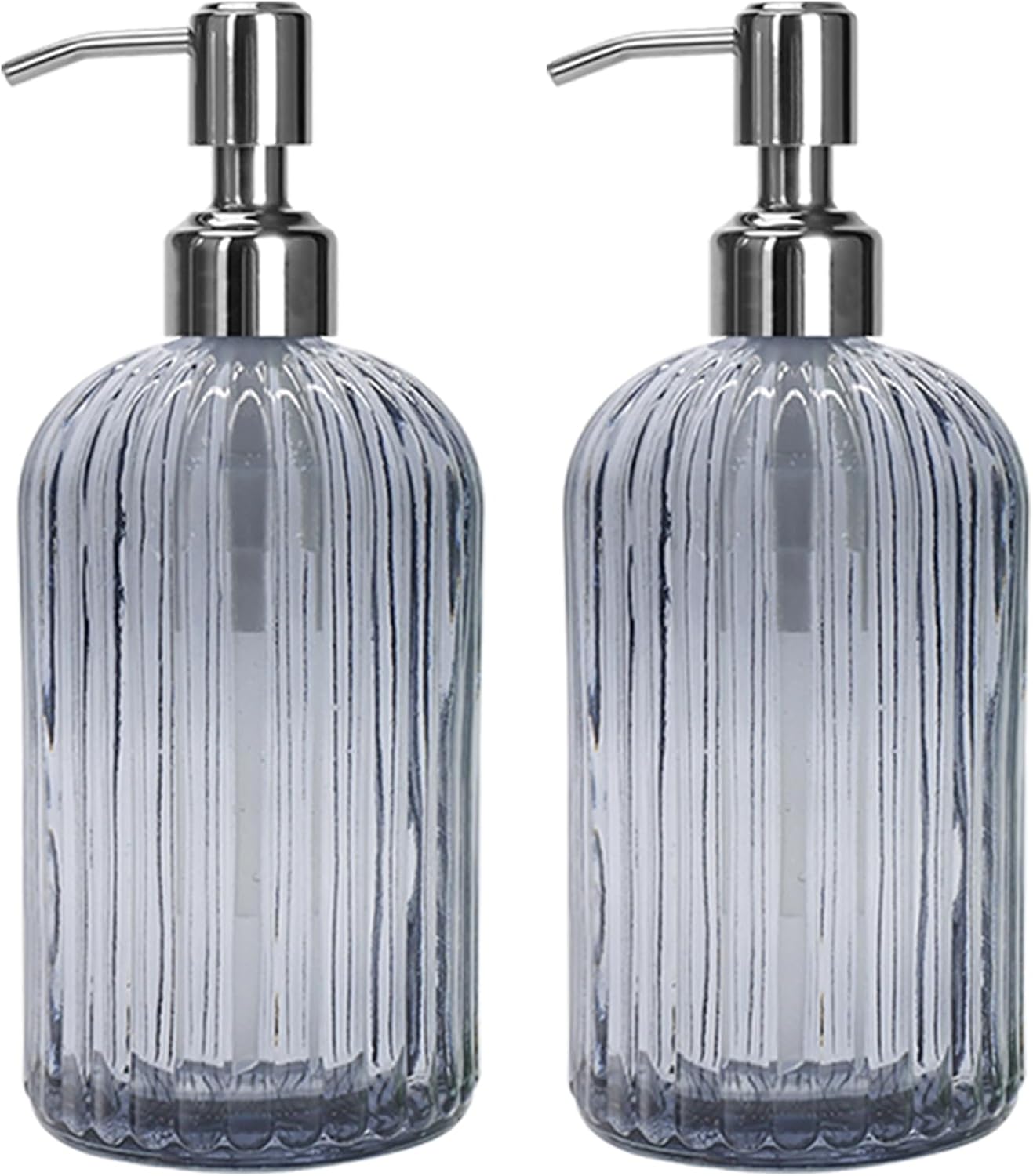 Grey Glass Soap Dispenser 18 oz, 2 Pack Hand Dish Soap Dispensers Bathroom with Stainless Steel Pump, Refillable Kitchen Liquid Decorative Bottles for Hand Sanitizer, Lotion