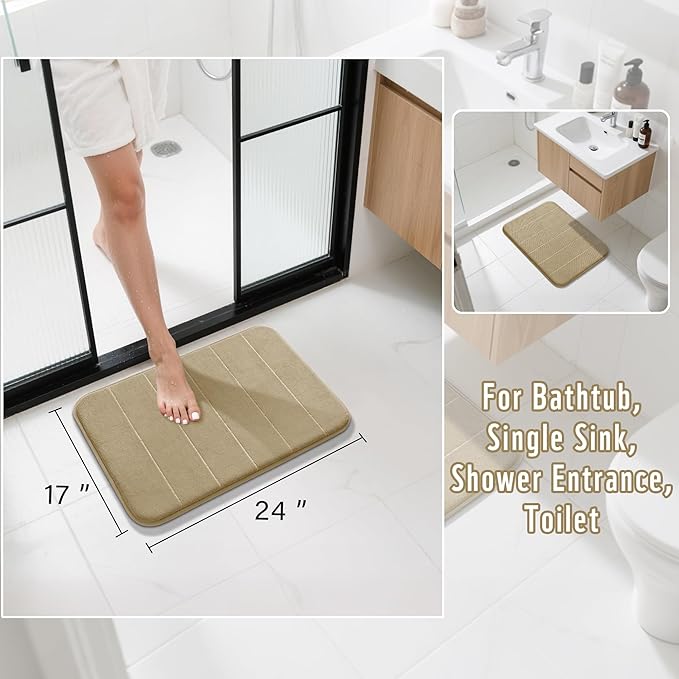 Yimobra Memory Foam Bath Mat, Super Soft Absorbent Bathroom Rug Non Slip, Quick Dry, Machine Washable Floor Carpet for Tub Shower, Home Decor Accessories, 24x17, Pale Khaki