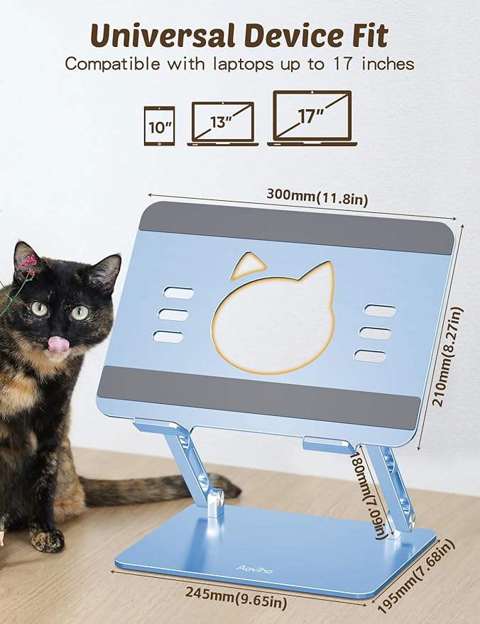 Laptop Stand for Desk – Portable Adjustable Laptop Riser & Holder, Foldable Computer Stand Compatible with MacBook Air Pro, Dell, HP, Lenovo (10"-17.3"), Featuring Cat Panel Design, Sky Blue