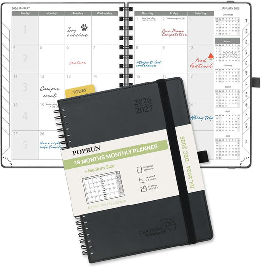 POPRUN Monthly Planner 2026-2027 (Medium 6.5" x 8.5") 18 Months Calendar (Jan 2026 - Jun 2027) - 4 Pages per Month with Expense & Notes, Stair-like tabs, Leather Cover, Sunday Starts - Black