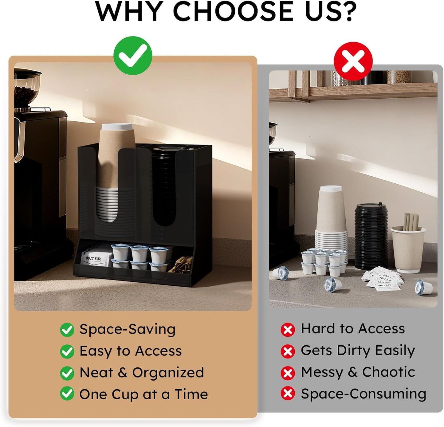 AITEE Acrylic Coffee Station Organizer for Countertop, Holds 20 Cups, All-in-One Coffee Cup and Lid Holder with Condiment Storage for Office Breakroom and Home Kitchen, Black