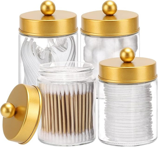 Tbestmax 4 Pack Glass Qtip Holder Dispenser, 10-Ounce Restroom Bathroom Organizers and Storage Containers, Apothecary Jars with Metal Lids for Cotton Ball Swab Pad, Gold