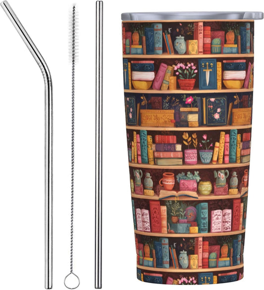 Bookshelf Tumbler with Lid and Straw 20oz Insulated Reusable Stainless Steel Travel Mug Double Wall Vacuum Coffee Cup for Hot Cold Drinks Leak-Proof Portable Cups for Women Men Gifts