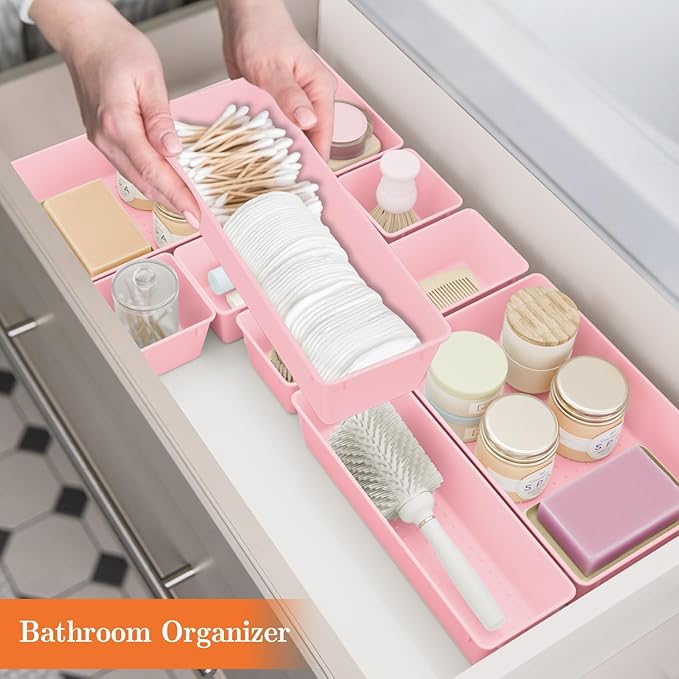 25 PCS Plastic Drawer Organizer Set, 4-Size Versatile Organizer Trays & storage Bins for Makeup, Jewelry, and Gadgets in Bathroom, Bedroom and Office, Pink