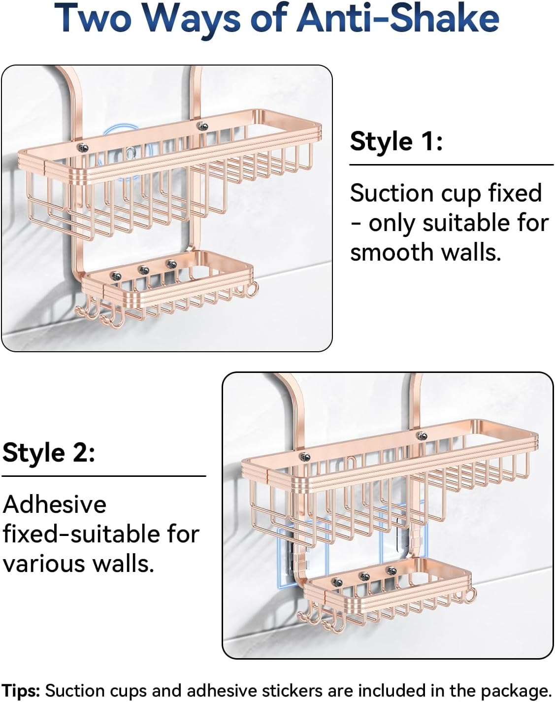 YASONIC Shower Caddy Hanging - Never Rust Shower Organizer - Aluminum over The shower head caddy with 10 Hooks for Razor/Sponge - Shower Rack with Soap Basket - Rose Gold