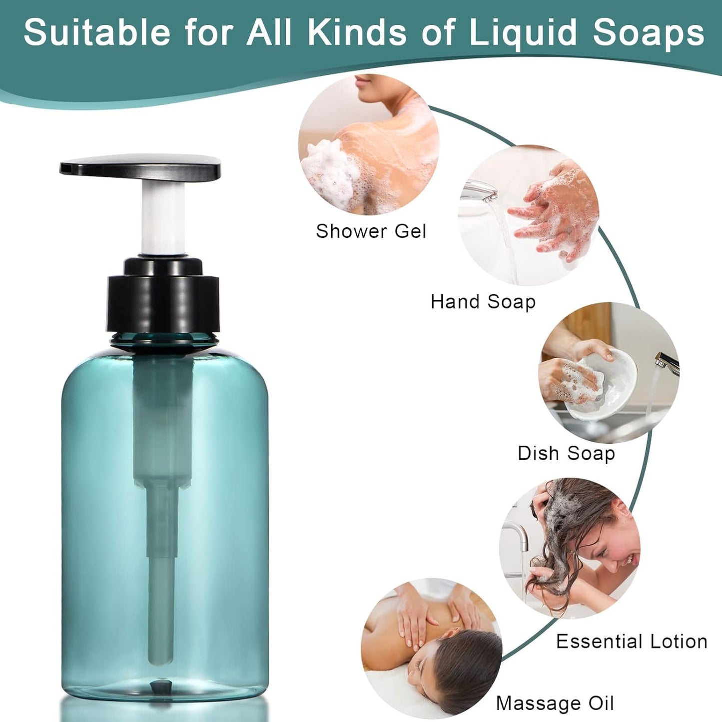 Yebeauty Empty Pump Bottle 10oz, 2 PCS Shampoo Bottles Dispenser with Pump Refillable Containers, 300ml Clear Blue