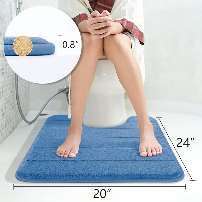 Yimobra Memory Foam Toilet Bath Mat U-Shaped, Soft and Comfortable, Super Water Absorption, Non-Slip, Thick, Machine Wash and Easier to Dry for Bathroom Commode Contour Rug, 24 X 20 Inches, Blue