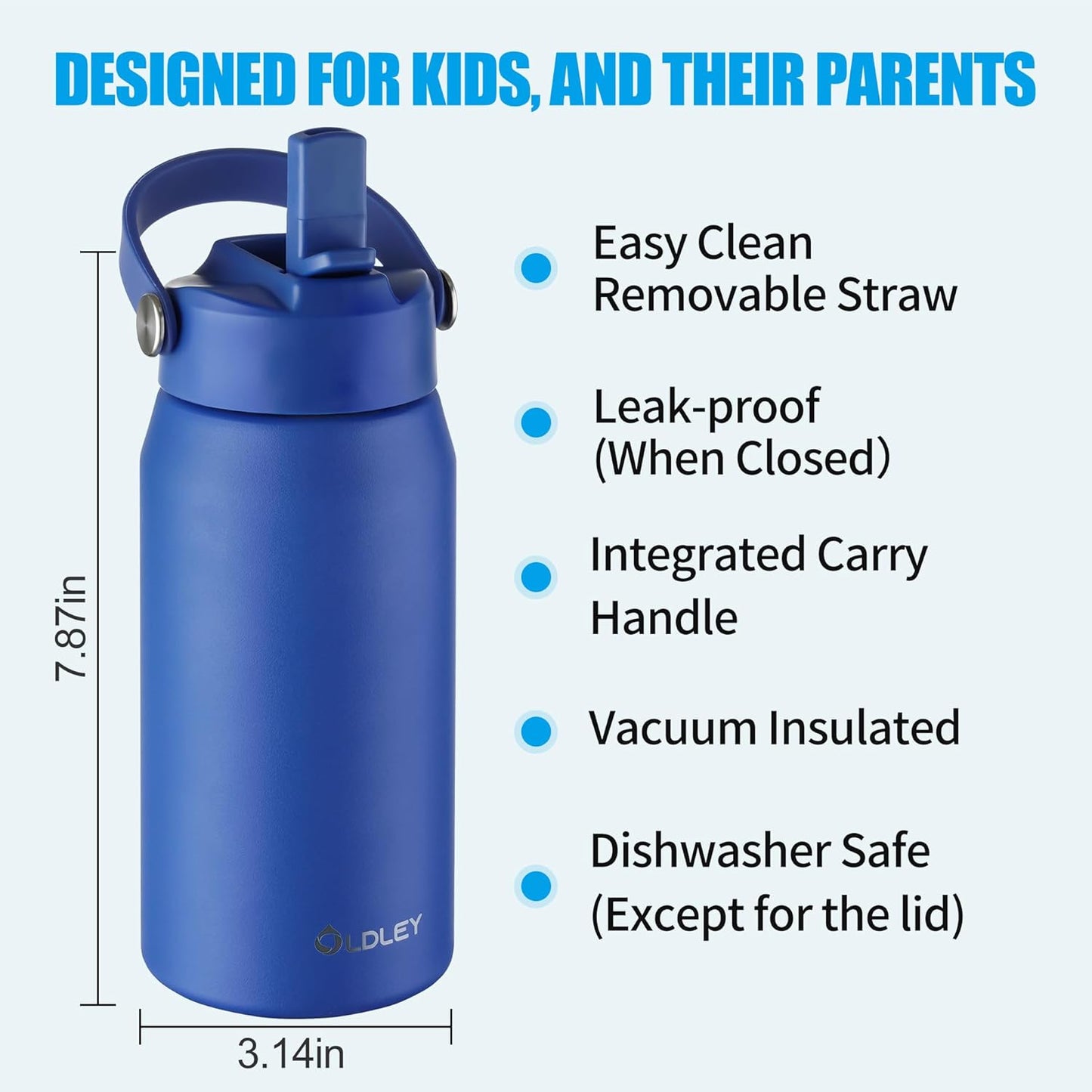 OLDLEY kids Water Bottle - 18oz Insulated Stainless Steel - Wide Straw Lid, Non Spill, Leakproof, Kids Water Bottle for School,Blue