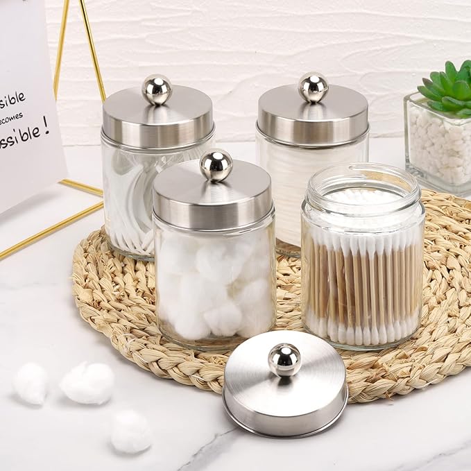 Tbestmax Glass Qtip Holder Dispenser, 10-Ounce Bathroom Containers Apothecary Jars with Metal Lids for Cotton Ball Swab Pad (4 Pack)
