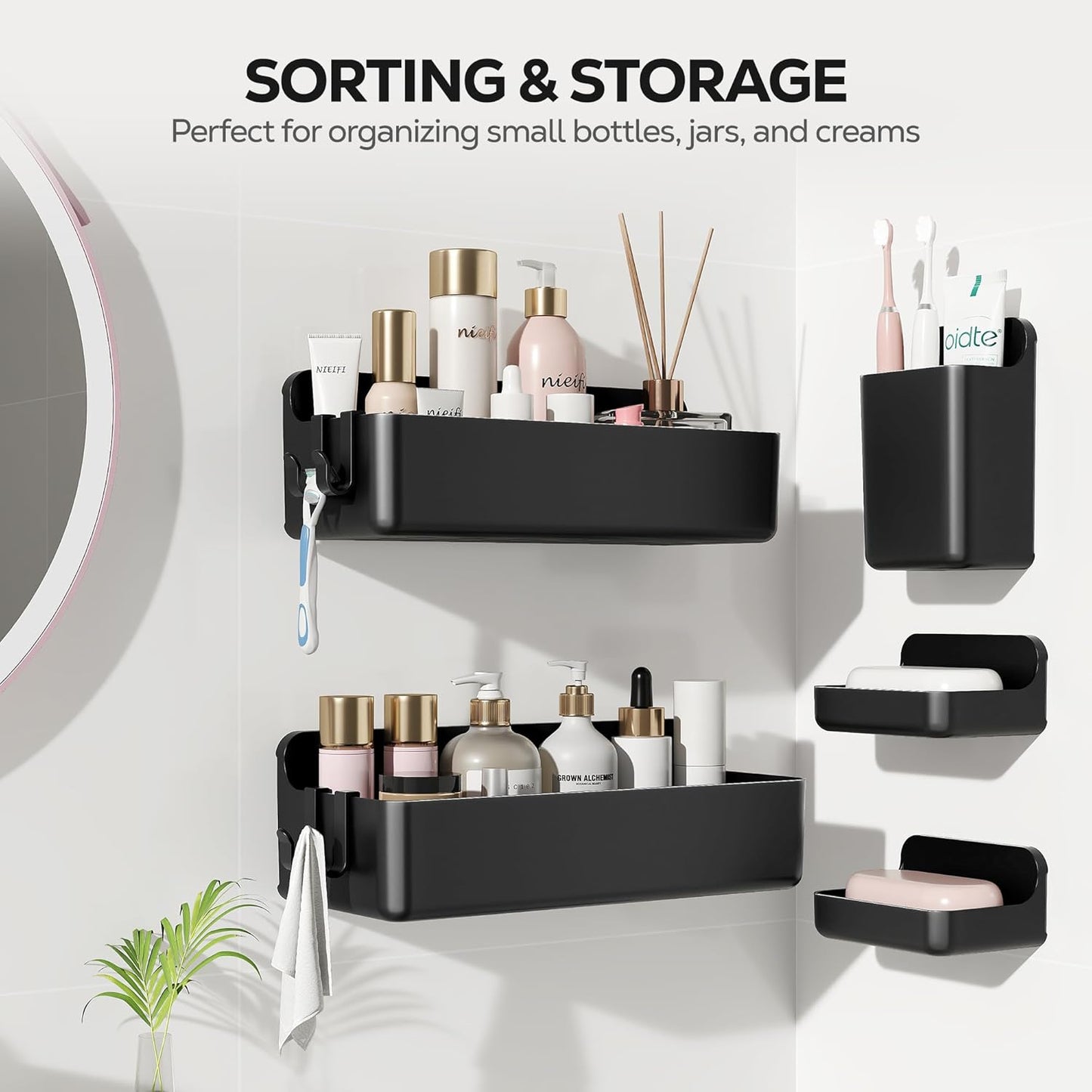 Nieifi Shower Shelves 5 Pack, Adhesive Shower Wall Shelf Organizer for Bathroom Organization, Black