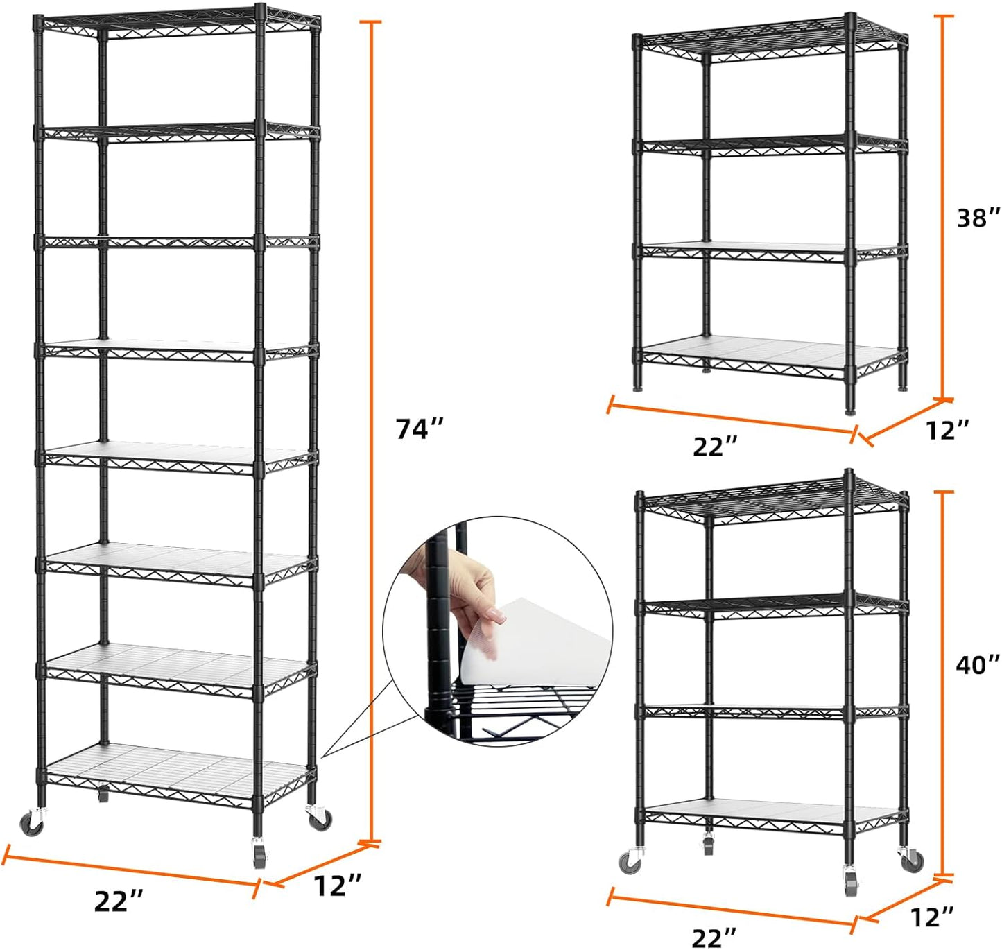 SINGAYE 8 Tier Shelf Organizer Storage Metal Shelves Garage Wire Shelving Unit Pantry Rack Adjustable Standing Storage for Kitchen Closet Laundry Bathroom Pantry 12" D x 22" W x 74" H Black