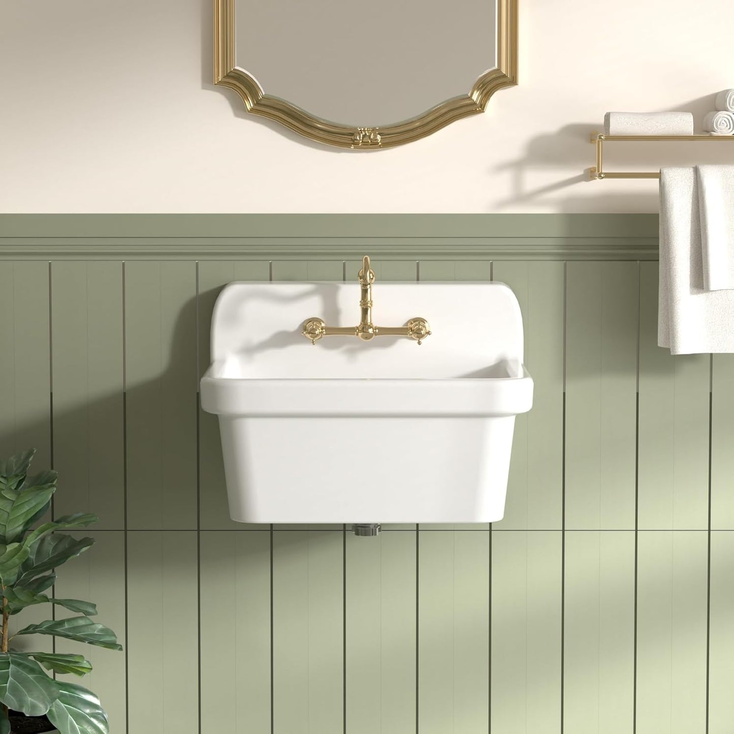 LUCKWIND 24 Inch Wall-Mounted Ceramic Utility Sink, White Farmhouse Sink for Laundry, Bathroom, Kitchen, Garage – Durable High Back Design