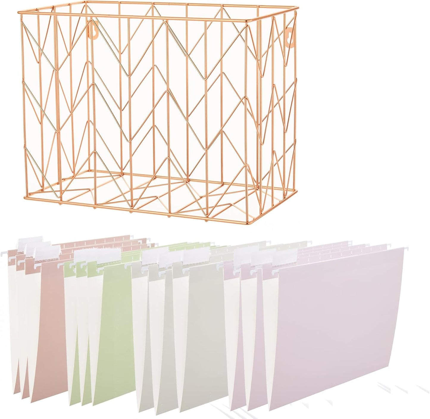 Hanging rose gold file organizer with 12 letter sized hanging folders, file basket, file box, storage box, office and school supplies