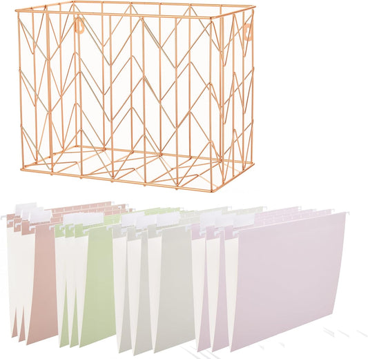 Hanging rose gold file organizer with 12 letter sized hanging folders, file basket, file box, storage box, office and school supplies