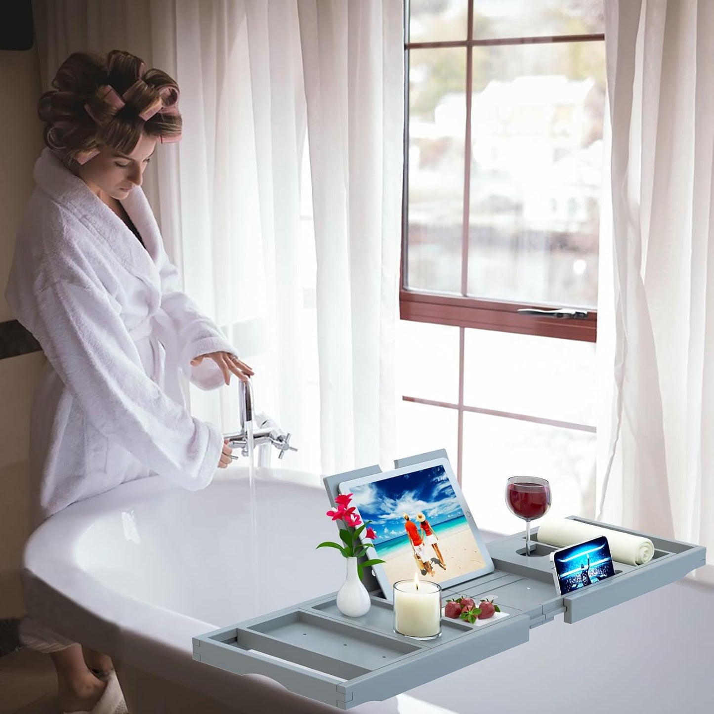 Premium Bamboo Bathtub Caddy - Expandable Size, Fits Most Bath Tubs - Grey