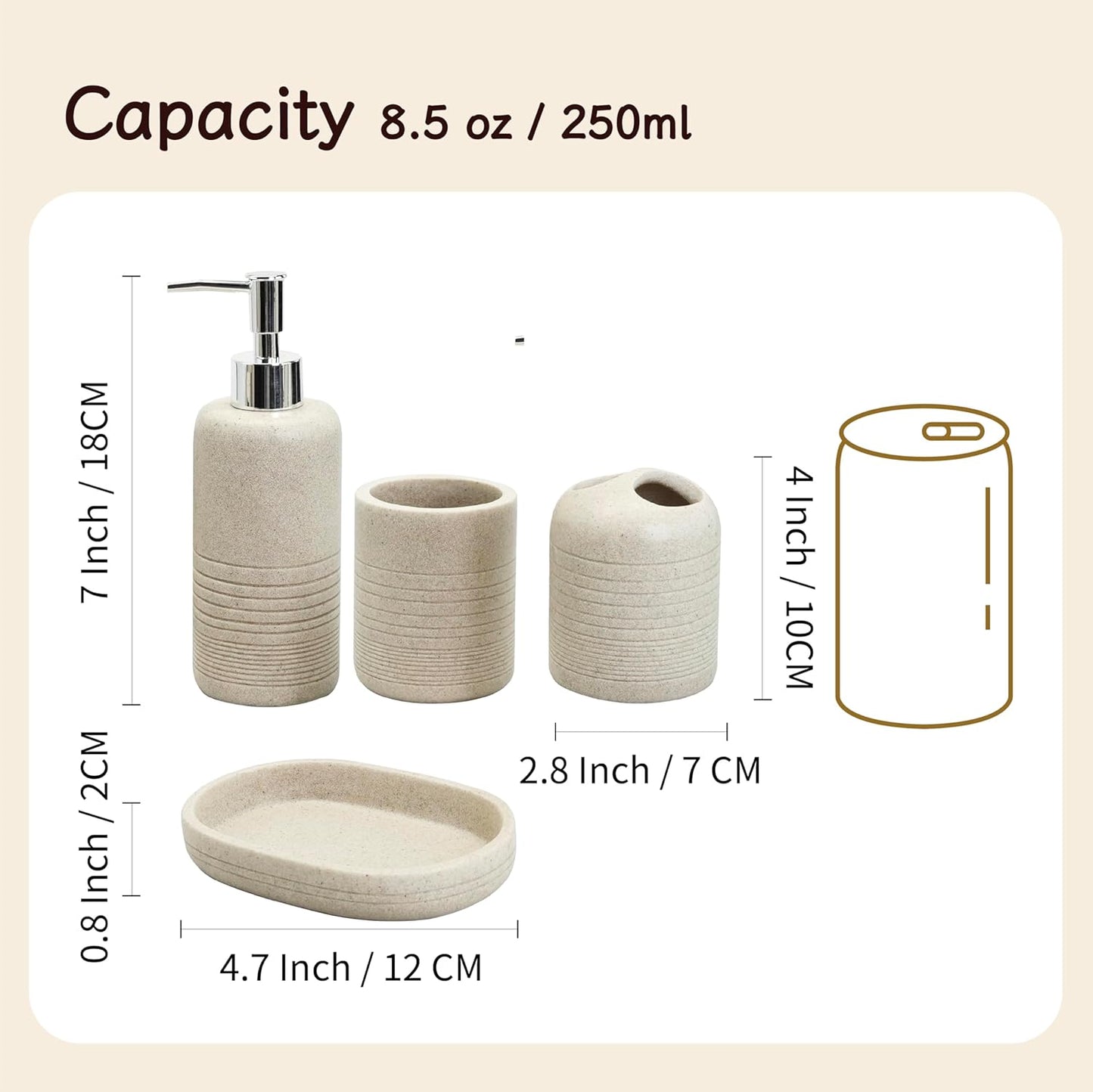 4-Piece Bathroom Accessory Set - Modern Resin & Sandstone Collection - Includes Soap Dispenser, Toothbrush Holder, Tumbler, Soap Dish (Beige)