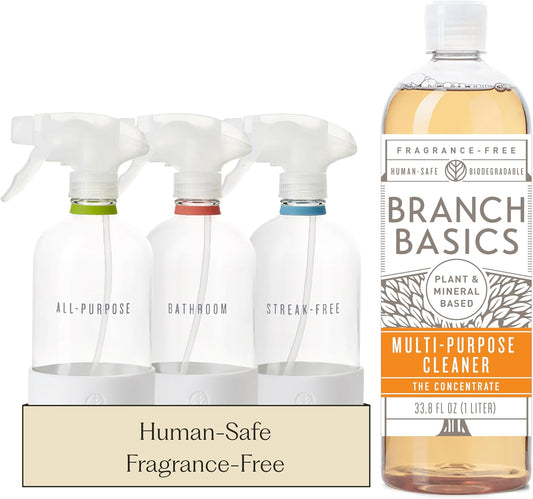 Branch Basics Cleaning Essentials Kit: All Purpose, Glass and Bathroom Cleaner - Concentrate (33.8 Oz) (24 Refills) + Refillable Glass Spray Bottles (16 Oz) Plant Based, Human-Safe, & Fragrance Free