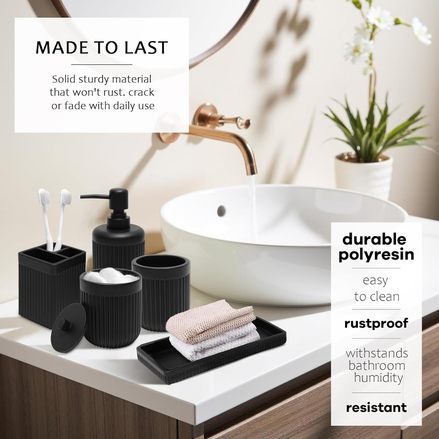 8-Piece Matte Black Bathroom Set - Luxury Resin Bathroom Accessories Sets Complete with Shower Curtain and Rugs, Soap Dispenser, Toothbrush Holder, Cup, Apothecary Jars & Tray