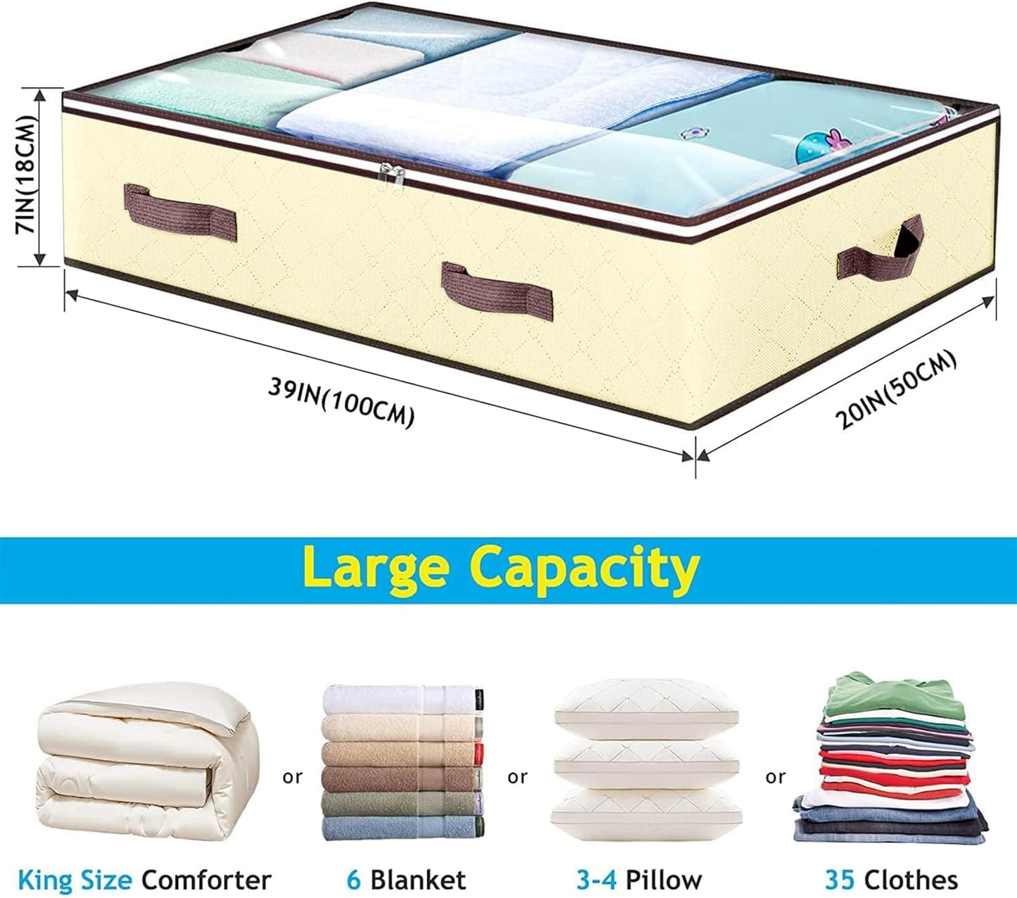 Budding Joy 6 Pack 90L Under bed Storage Containers Organizer Large Capacity Underbed Clothes Storage Bins Organization and Storage Bedroom Foldable Storage Bags with Clear Window Beige