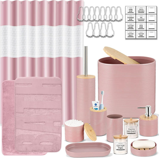 IMAVO Pink Bathroom Set,26Pcs Bathroom Accessories Set with PVC Shower Curtain,Rugs,Trash Can,Tray,Soap Dispenser,Soap Dish,Toothbrush Holder,Toothbrush Cup,Toilet Brush Holder and Qtip Holders