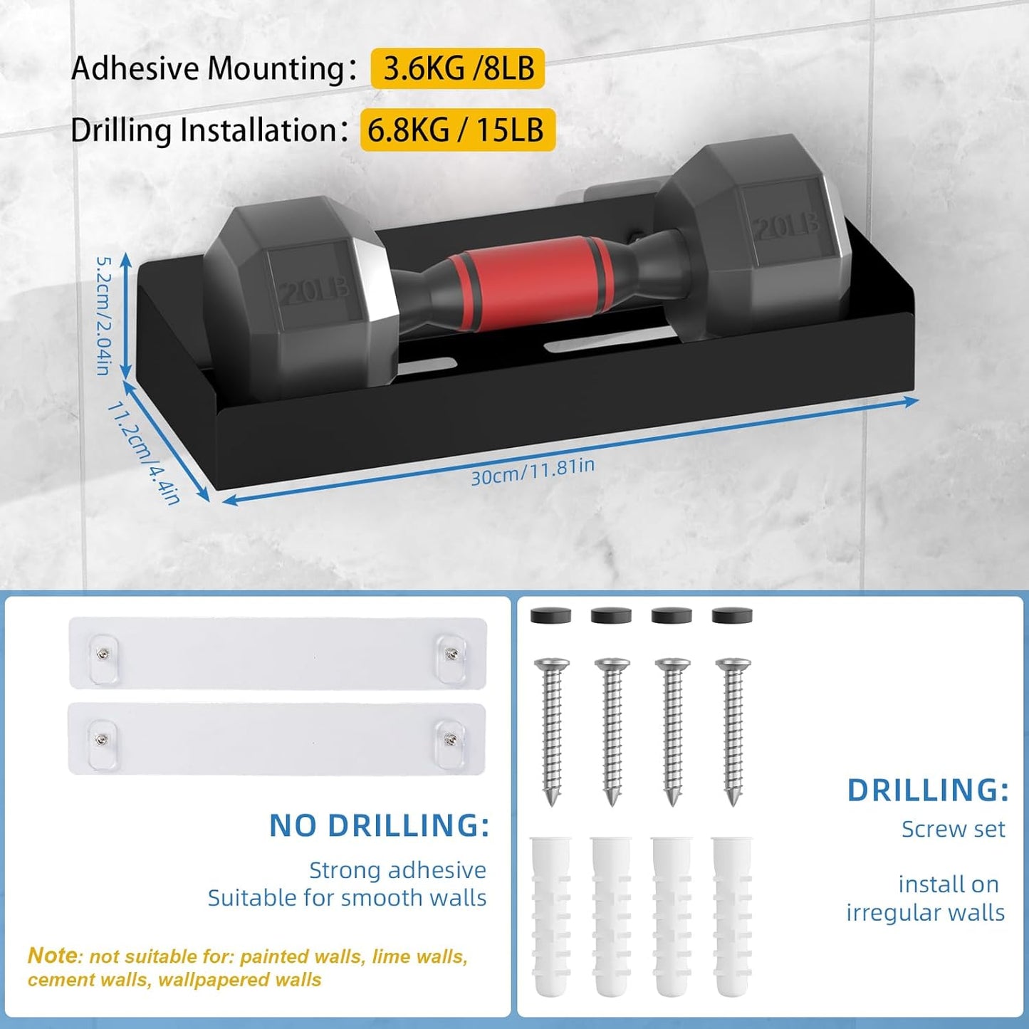 Shower Caddy Adhesive, 2 Pack Large Capacity Rustproof Shower Shelves, No Drill Bathroom Shelf with 8 Hooks, Stainless Steel Shower Organizer Rack, Black