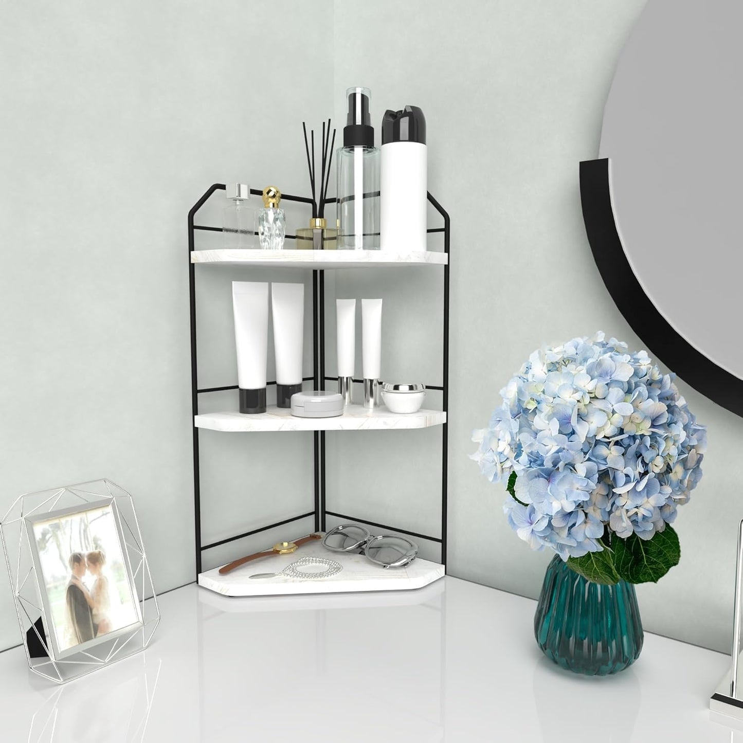 Corner Bathroom Counter Organizer - 3 Tier Wood Vanity Counter Shelf Perfume Skincare Holder, Countertop Corner Shelf Organizer for Bathroom, Kitchen, Rustic White