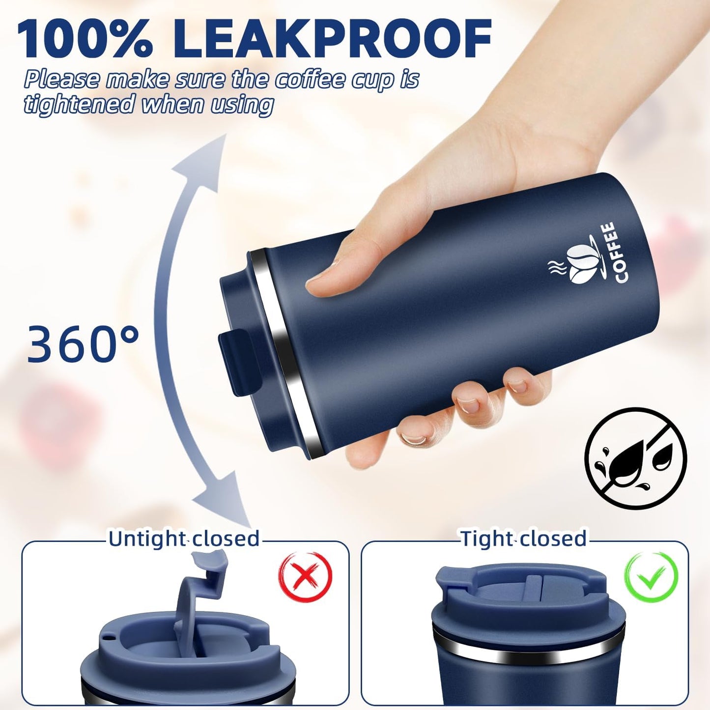 Insulated Travel Coffee Mug Reusable Coffee Tumbler Cup with Flip Lid Leak Proof Spill Proof for Office School Party Camping Hot and Cold Drink,Stainless Steel 17oz (Navy Blue)