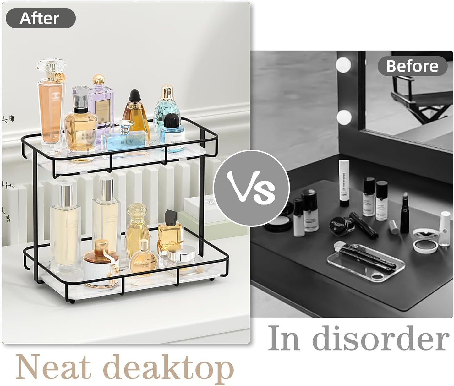 Bathroom Organizer Countertop Perfume Organizer Makeup Organizer Cosmetics Storage Display Rack Vanity Tray Dresser Stainless Steel Gold Shelf White Marble Ceramic Tray
