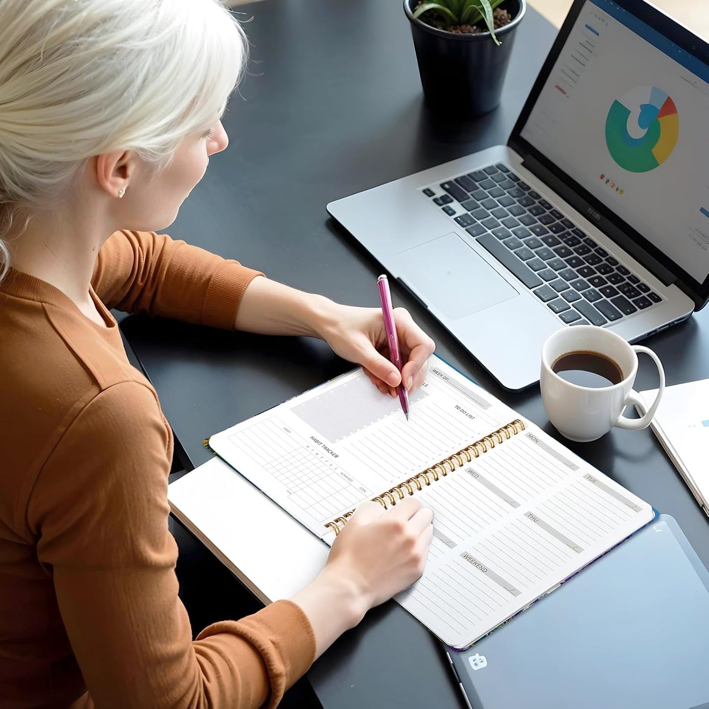 Undated Weekly Planner, A5 Weekly To Do List Notebook with Habit Tracker Spiral Binding Weekly Planner Notebook with Stickers Home Work School Supplies, Purple Flower