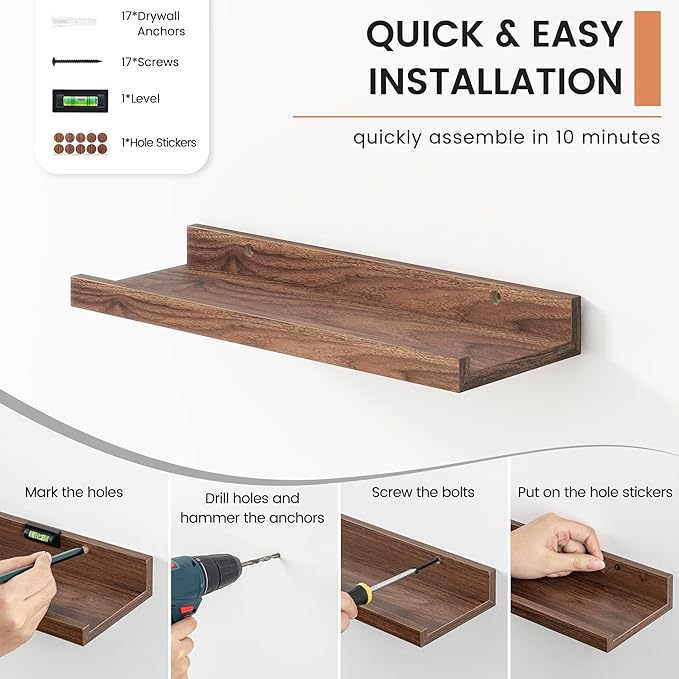 Floating Picture Ledge Shelves Set of 8, 16 Inch Shelves with Lip - Large Nursery Book Shelf for Toys Storage, Kids Bookshelf, Living Room, Bedroom Decor Frames