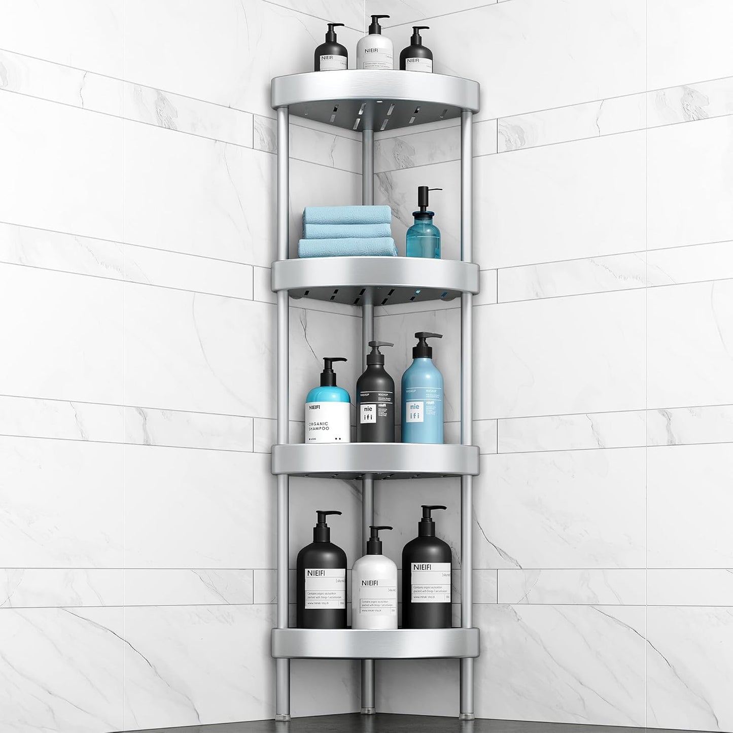 Nieifi Corner Shower Caddy Stand-4 Tier Rustproof Anodized Aluminum Standing Shower Organizer-Shower Caddy Corner-Dual Stability to Anti-Shaking-Height-Adjustable Legs for Uneven Surfaces-Silver
