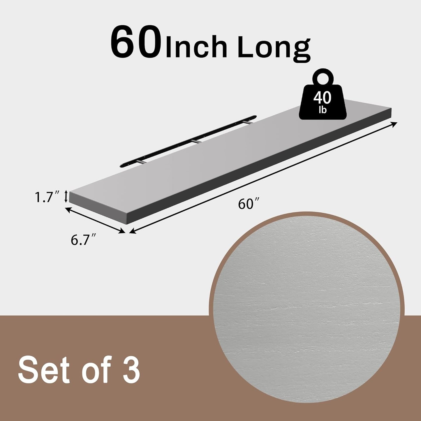 Floating Shelves for Wall, 60 Inch Extra Long Gray Wall Shelves, Set of 3, Hanging Invisible Brackets Floating Shelves for Living Room,Bedroom,and Kitchen