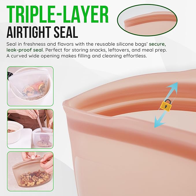 Premium Platinum Silicone Reusable Food Storage Bags 3-Pack (17 fl oz + 29 fl oz + 51 fl oz), Airtight Zip Lock Bags for Food, BPA-Free Silicone Freezer Bags, Brown