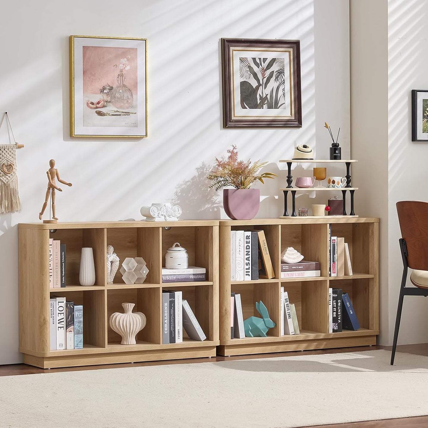 6 Cube Storage Book Shelf, 40" Wide Low Horizontal Bookcase with Curved Edge, Floor Standing 2-Tier Wooden Bookshelf with Base, Modern Short Book Case for Bedroom, Study, Entryway, Natural Oak