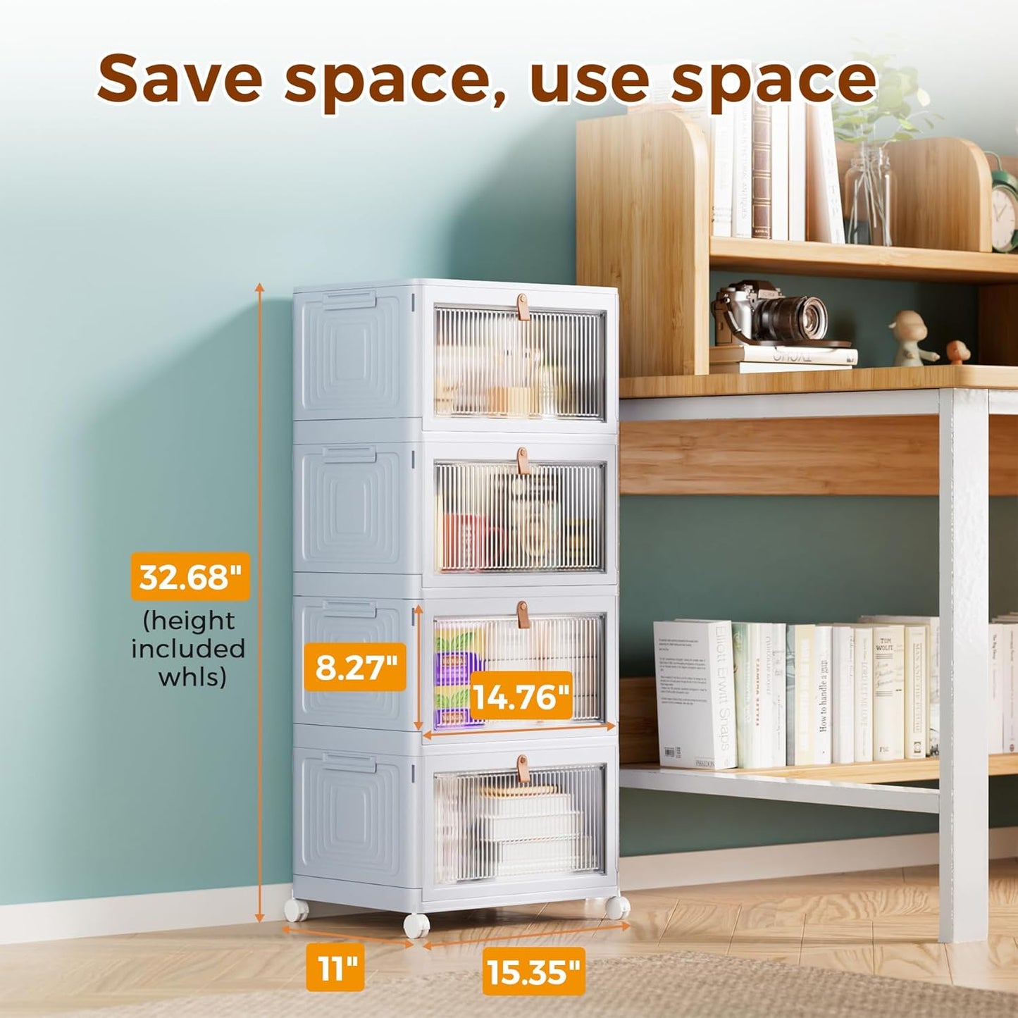 4 Tier Stackable Plastic Storage Bins with Lid and Wheels - 23 QT Closet Organizers and Storage, Foldable Storage Containers, Organization and Storage Boxes for Craft, Home, Pantry, Dorm, Grey