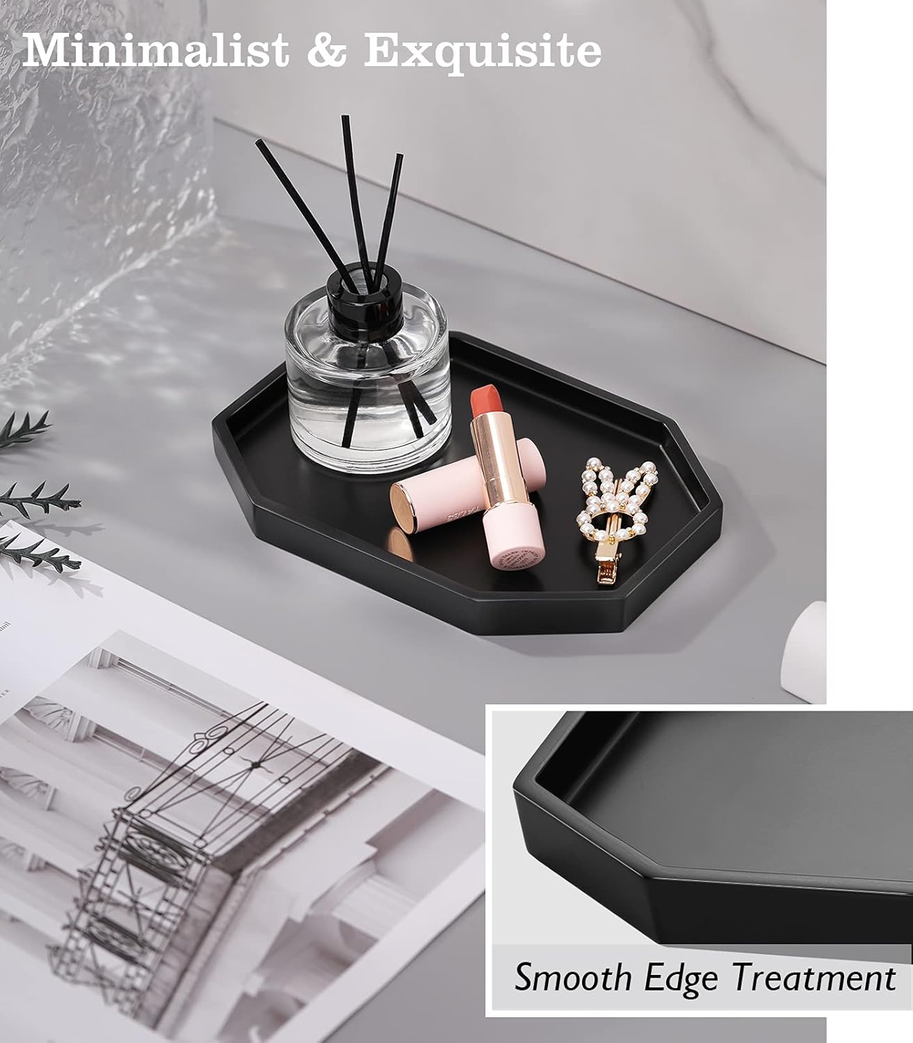 Emibele Vanity Tray - Resin Bathroom Jewelry Ring Dish, Small Octagon Perfume Tray for Dresser Countertop, Candle Decorative Tray, Toilet Tank Kitchen Sink, Marble Home Decor, Matte Black