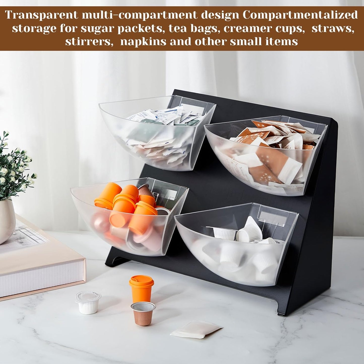 15.5 x 10 x 10.5 Inch Coffee Accessory Caddy with 4 Removable Compartments Steel Condiment Organizer Condiment Packet Sugar Holder for Bar Countertop Break Room Home Kitchen(Black)