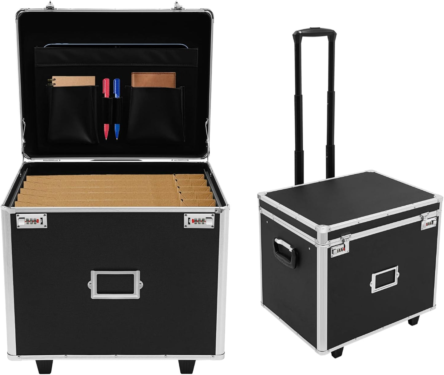 Rolling Cart for Teachers, Rolling File Cart with Hanging Folders, Portable File Box with Handle, Aluminum Alloy, Passcode Lock, Black