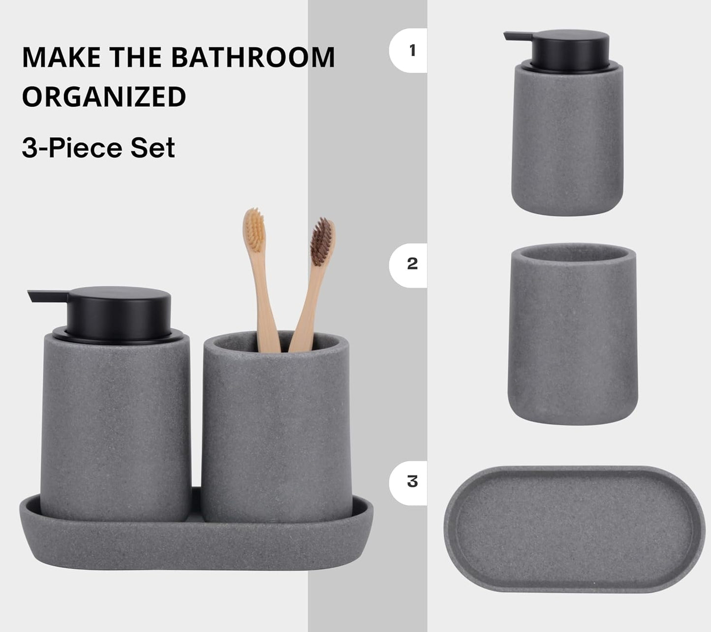 Grey Bathroom Accessories Set, 3 Pcs Resin Bathroom Accessories Complete Set, Sandstone Look Soap Dispenser with Large Pump, Toothbrush Cup, Soap Dish for Modern Home Decor and Kitchen