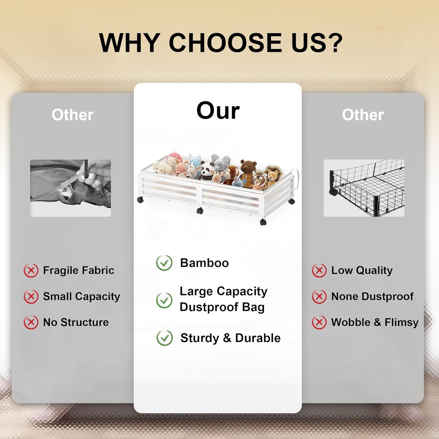 Under Bed Storage with Wheels-Large Bamboo Underbed storage Containers with Large Dust Bag Stackable Under the Bed Shoe Storage Bins for Clothes Books Bedding (2 Packs White, 33.07"L×16.54"W× 6.5"H)